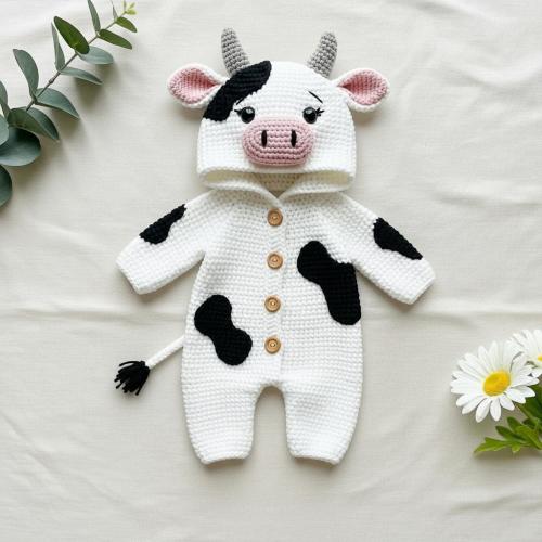 Custom Baby Crochet Shirt, Handmade Cow Baby Outfit Set, Infant Barnyard Costume, Baby Shower Present, Country Baby Clothing