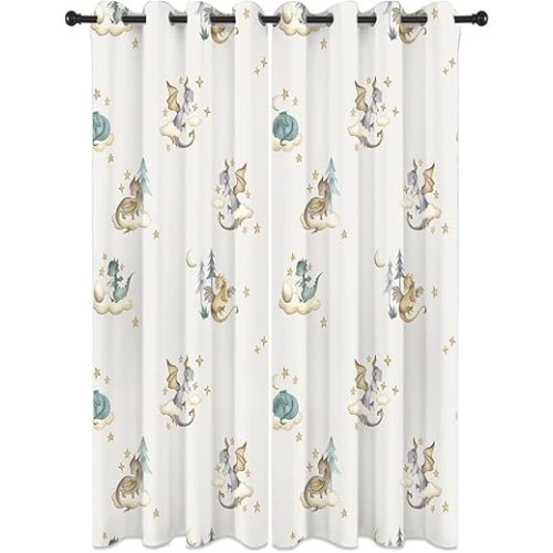 Watercolor Cute Baby Dragon Curtains for Bedroom-Fantasy Cartoon Mid Century Woodland Dragon Window Treatment,Energy Saving Blackout Grommet Curtains 84L x 26W 2 Panels
