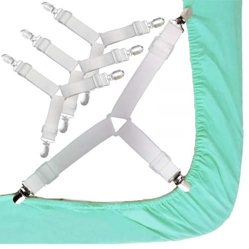 MINI-FACTORY (Set of 4) Bed Sheet Clip Holder Straps Adjustable Triangle Elastic Suspenders - Sheet Gripper Fasteners Straps Holder Clip for Bed Sheets, Mattress Covers - White