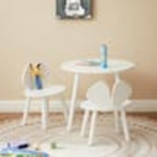 VECELO 3-Piece Toddler Table and Chair Set - Oval Kids Activity Table with Bunny Chairs, White Top THD-CTC03-WHE