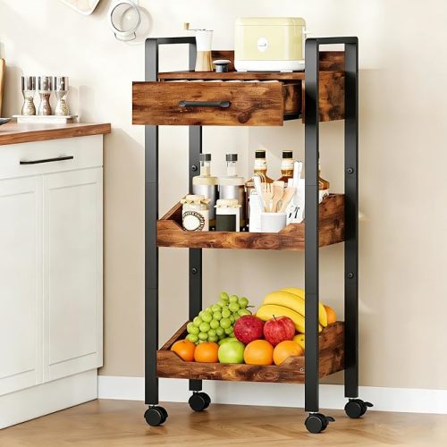 Hoctieon 3-Tier Rolling Storage Cart with Drawer, Rolling Utility Cart Organizer, Mobile Shelving Unit with Wheels, Metal Frame, Kitchen Utility Cart for Small Space, Office, Bathroom, Rustic Brown
