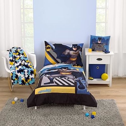Warner Brothers Batman The Caped Crusader Navy, Gray, and Yellow Bat-Signal 4 Piece Toddler Bed Set - Comforter, Fitted Bottom Sheet, Flat Top Sheet and Reversible Pillowcase