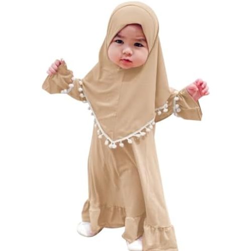 IBTOM CASTLE Abaya for Baby Girls with Hijab 2PCS Muslim Prayer Clothes Long Bell Sleeve Middle East Dubai Islamic Clothing