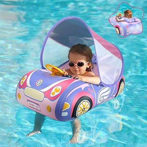 Baby Pool Float with 3D Car Design, PVC Baby Swim Float, Toddler Pool Float, Swimming Floats Seat Boat Pool Toys with Steering Wheel for 12-18, 12-24 Months, Age 2-3, 3+ Years Girl Boy