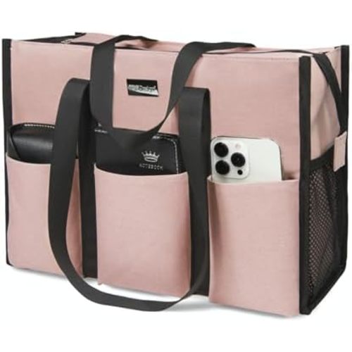 TOPDesign Utility Water Resistant Tote Bag with 13 Pockets, Top Zipper Closure & Thick Bottom Support, for Working Women