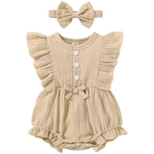 Happy Town Newborn Baby Girl Summer Clothes Infant Linen Romper Ruffle Sleeve Baby Girl Jumpsuit Outfits