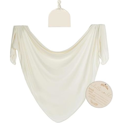 Large Jersey Knitted Swaddle Blanket for Baby, Soft Stretchy Receiving Blanket for Newborns with Hat, Baby Nursery Swaddle 47 x 47 inches(Natural)