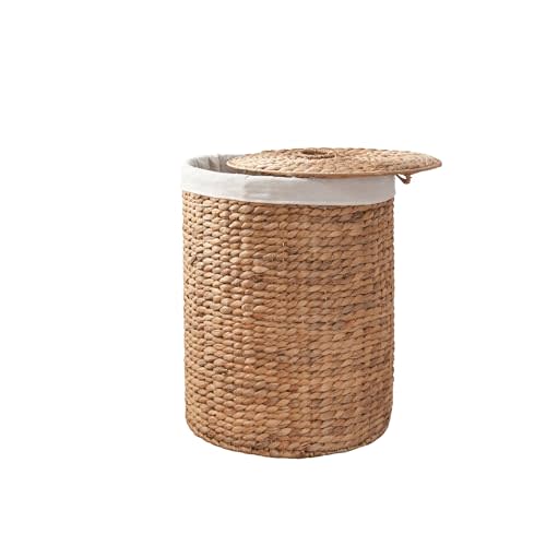 Woven Laundry Hamper with Lid - Large Round Wicker Basket for Clothes Storage - Water Hyacinth Rattan Hamper - Perfect for Halloween & Thanksgiving Décor (Natural Brown, 18"x18"x23")