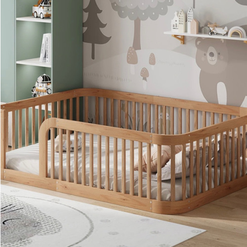 Floor Bed Frame with Fence, Montessori Toddler Bed, No Slats, No Doors, Rounded Corners Wooden Bed