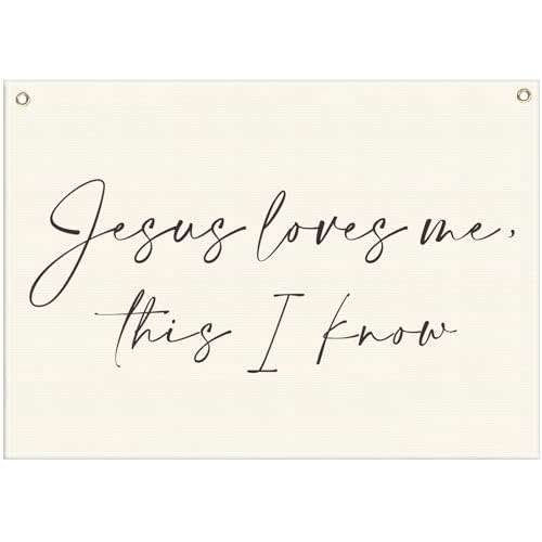 Christian Bible Verse Scripture Nursery Canvas Banner-Rectangular Flag Sign for Baby Boy Girl Kid,Bedroom Playroom Decoration,Baby Shower Baptism Christmas Gift-Jesus Loves Me This I Know