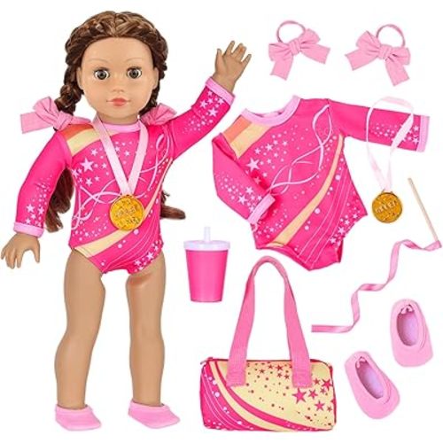 UNICORN ELEMENT 18 Inch Doll Gymnastics Clothes Set - Accessories for 18 Inch Dolls, Total 8 Pcs - Star Shaped Pattern Leotard, Gym Bag Headband, Gift for Girls (No Dolls)
