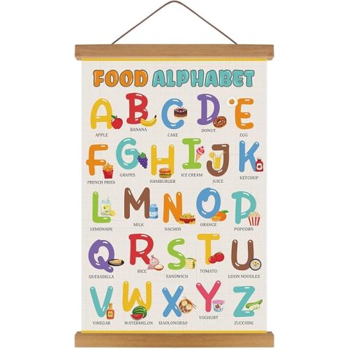 KAIRNE Food Alphabet Wall Decoration,Alphabet Poster,Colorful ABC Art Prints,ABC Canvas With Magnetic Hanger Frame(35”X56”),Educational Chart Wall Art for Toddler Classroom Kids Room Playroom Decor