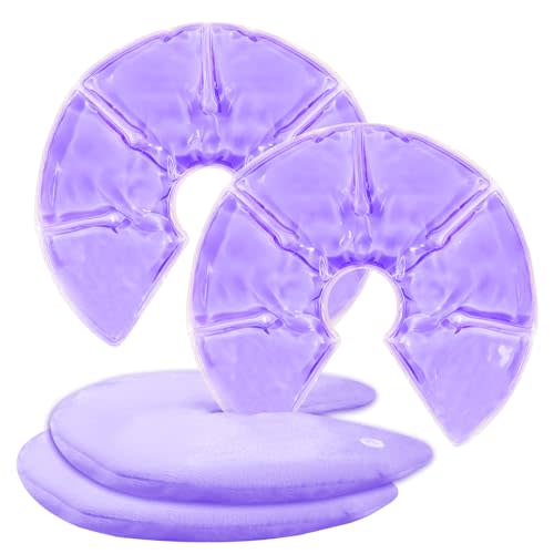 Breast Therapy Packs, 2 Pack Reusable Hot Cold Gel Packs for Nipple Pain Relief, Mastitis, Engorgement, Support for Breastfeeding and Pump Aid-Flexible & Washable with 2 Soft Covers (Purple)