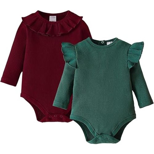 ROMPERINBOX Baby Girl Bodysuit 2 Pack, Long Sleeve Ribbed Knitted Onsies Ruffle Collar and Flutter Sleeve Fall Winter Clothes