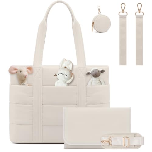 LOVEVOOK Diaper Bag Tote, 15.6inch Puffer Baby Diaper Bag Waterproof Travel Diaper Tote with Changing Pad Pacifier Case