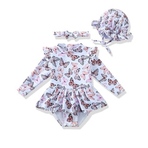 Infant Baby Swimsuit Girls Toddler Long Sleeve Bathing Suit 3M-3T | Baby Girls Swimsuit, Infant Bathing Suit, Long Sleeve Zipper One-Piece Rash Guard Swim Suit with Hat, Ruffle Beach Essentials