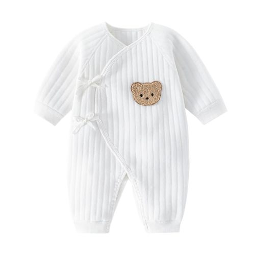 Newborn Baby Cotton Onesie, Cute Bear Patched Casual Long Sleeve Bodysuit, Toddler & Infant Boy's Girl's Comfortable Clothing
