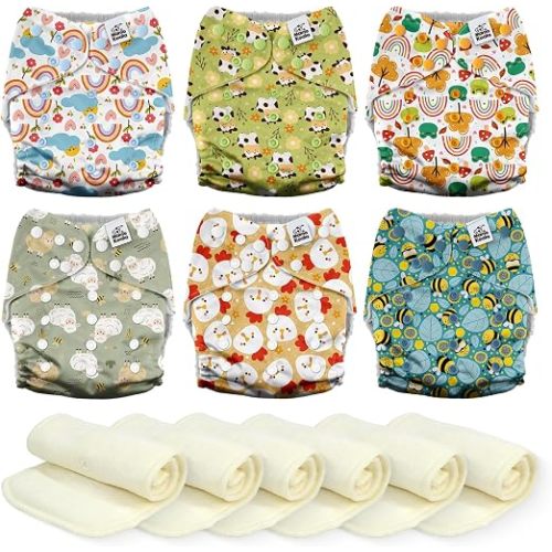 Mama Koala 6 Pack Reusable Cloth Diapers 3.0 for Babies Girls Newborn, One-Size Adjustable Baby Diaper, Durable Stitching, Back Opening for Inserts, Breathable Awj Lining, Leak Prevention-Happy Farm
