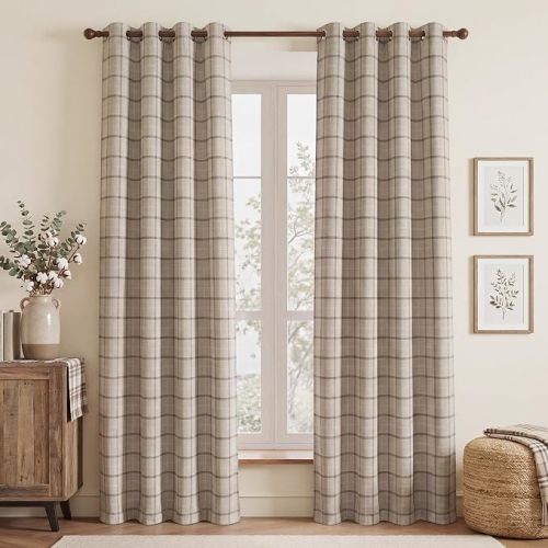 NICETOWN Taupe 100% Blackout Plaid Cabin Buffalo Gingham Curtain, 52W x 84L