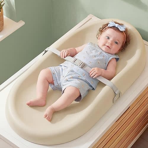 Mallify Baby Changing Pad with Waterproof and Non-Toxic Surface, Changing Table Pad with Adjustable Safety Strap and Cushioned Foam, Easy-Clean & Portable Changing Pad for Dresser(Beige)