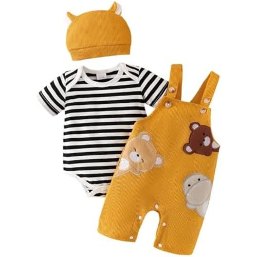 Baby Boy Clothes Newborn Striped Romper Bear Overall Hat Set 0-18M