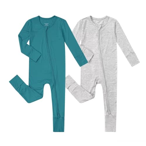 Teach Leanbh Unisex Baby 2 Pack Bamboo Viscose Pajamas with Mittens and Feet Cuffs 2 Way Zipper Long Sleeve Romper