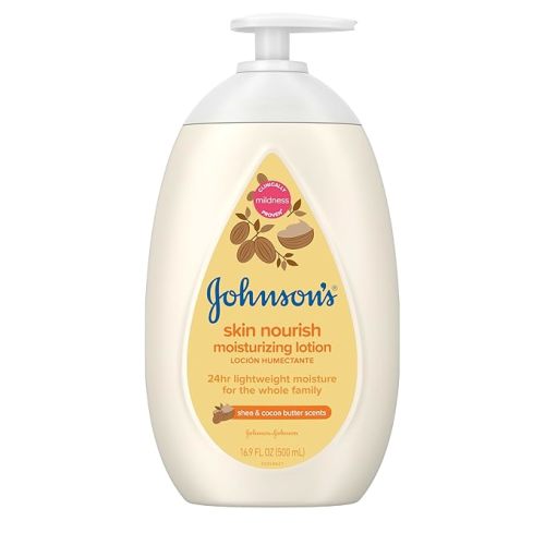 Johnson's Skin Nourish Moisturizing Baby Lotion for Dry Skin with Shea & Cocoa Butter Scents, Gentle & Lightweight Body Lotion for The Whole Family, Hypoallergenic, Dye-Free, 16.9 fl. oz
