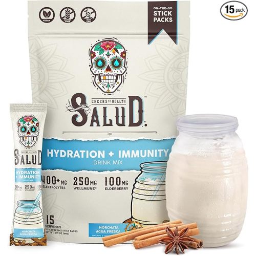 Salud 2-in-1 Hydration Packets + Immunity Electrolytes Powder, Horchata - Agua Fresca Drink Mix, Elderberry, Dairy & Soy Free, Non-GMO, Gluten Free, Vegan, Low Calorie, 1g Sugar (15 Servings)
