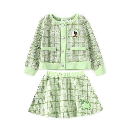 Disney Frozen Elsa Stitch Princess Moana Minnie Toddler Girl 2 Piece Outfit Kid Pearl Button Knit Top & Tweed Skirt Set 2-13Y