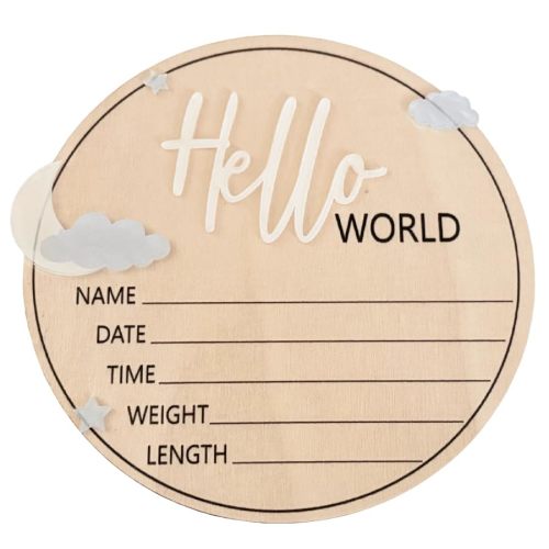 Baby Announcement Sign Hello World Nursery Decor Sign Newborn Birth Announcement Sign Wooden Newborn Photography Props Baby Shower Hospital Nursery 4.9 Inch
