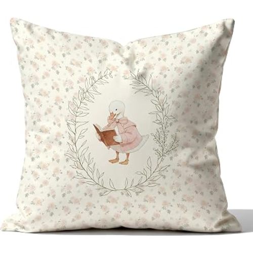 Goose Reading Book Pillow Cover 18x18 Double-Sided, Cottagecore Flower Goose Decorative Pillowcase Throw Pillow Cover for Couch Bed Girls Nursery Room Bedroom