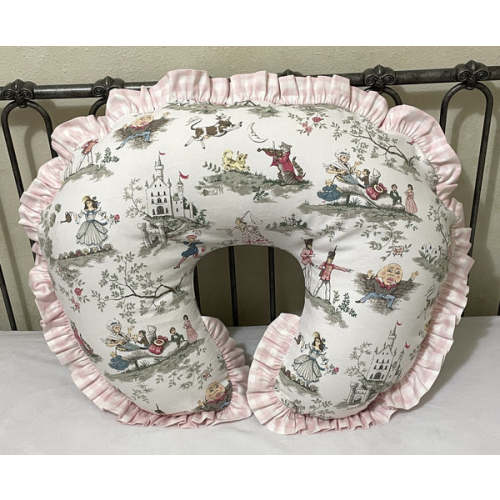 Nursery Rhyme Toile with Pink Gingham Ruffle Nursing Pillow Cover - Just Baby Designs