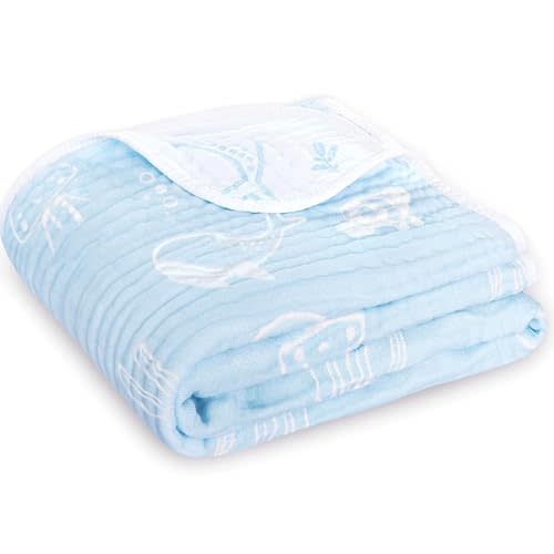BOPRIO Muslin Baby Blanket Ultra Soft and Lightweight Versatile Swaddle and Bed Blanket for Baby Toddler Essentials Infant Shower Items, 43 x 43 Inch (Blue Ocean)