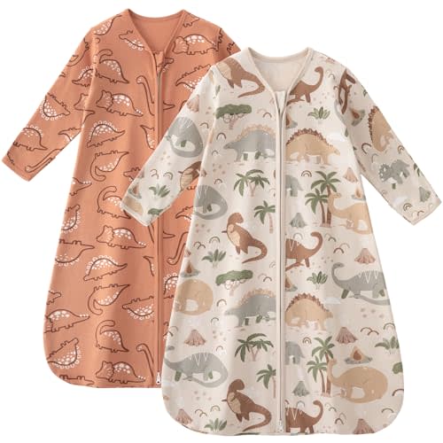 Unnivoll Baby Sleep Sack 6-12 Months 100% Cotton Long Sleeve Wearable Blanket Baby Sleep Bag with 2-Way Zipper 2 Pack 0.5 Tog Sleeping Sack for Newborn Infant Apricot Brown Dinosaur