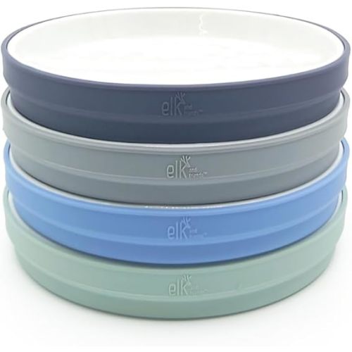 Elk and Friends Kids 7.8” Porcelain White Plates with Silicone Sleeves | Suitable for Babies/Toddlers | Microwave & Dishwasher Safe | Non Slip Dinnerware | Snack Dishes | 4 Pack