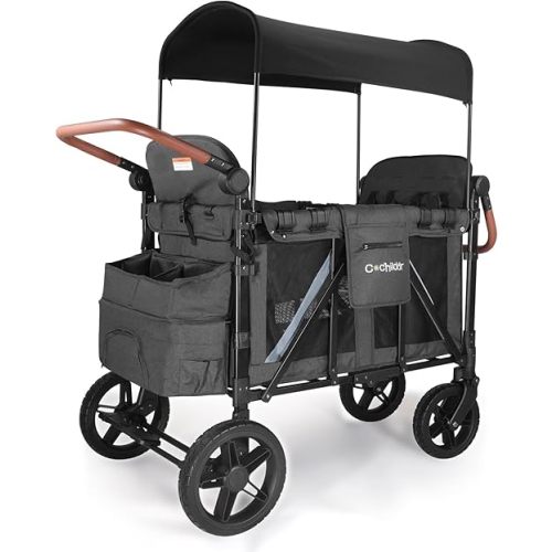 Elite Pro All-Terrain 4 Seater Wagon Stroller for Kids - Heavy-Duty 300lb Capacity, One-Hand Fold Design, High Seats with 5-Point Harness, Adjustable Canopy and Handlebars, Dark Grey