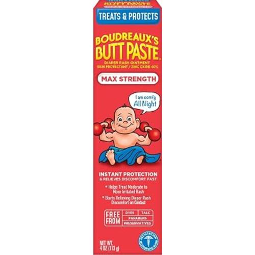 Boudreaux’s Butt Paste Max Strength Diaper Rash Cream for Baby, Ointment With Zinc Oxide, 4 oz Tube