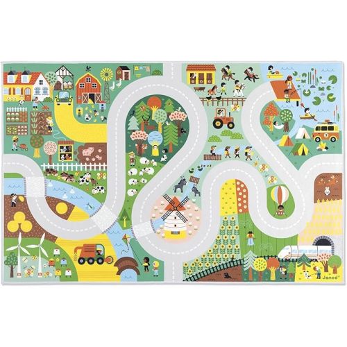 Janod - Children's Car Rug - Countryside Theme - Soft & Non-Slip - Farm & Forest Pattern - Play Rug for Girls & Boys' Bedrooms - 120 x 78cm - Hand Washable - from 2 Years Old - J05930