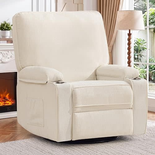 Korser Recliner Chair, Nursery Rocking Chairs for Adults, 360° Swivel Rocker Recliner with Cup Holder, Overstuffed Glider Rocking Chair for Living Room, Manual Recliner with Side Pockets, Chenille
