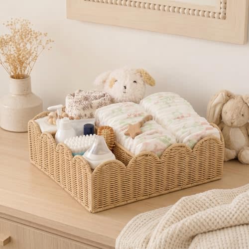 Wicker Diaper Caddy Organizer, Nursery Storage Basket for Diapers and Baby Wipes, Baby Essentials Organizer for Changing Table, Splinter Free Rattan Style (Natural, XL)