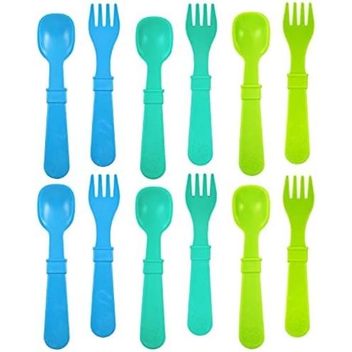 Re-Play Made in USA Toddler Forks and Spoons, Pack of 12 Without Carrying Case - 6 Kids Forks with Rounded Tips and 6 Deep Scoop Toddler Spoons - 0.2" Thick Toddler Utensils, Under The Sea