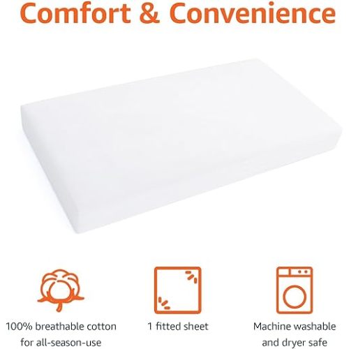 Amazon Basics 100% Cotton Jersey Knit Fitted Crib Sheet for Boys and Girls, fits Standard Crib and Toddler Mattress, Breathable, Super Soft, 28 x 52 Inches, White