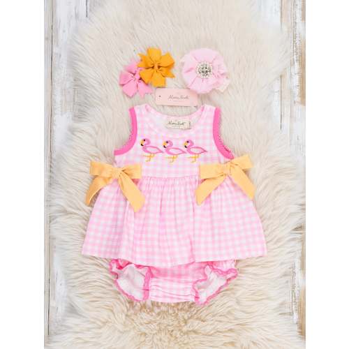 Sunny Flamingos Gingham Embroidered Bloomers Outfit