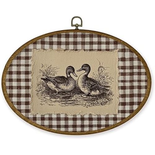 JMENGSSFL Vintage Duck Oval Wall Art Decor, Rustic Farmhouse Canvas Prints, Duck Gifts, Brown Gingham Plaid Countryside Farm Animals Framed Wall Art for Home Bedroom Living Room Decor, 11.4x8.6 Inch