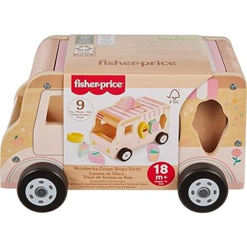 Fisher-Price Wood Toddler Toy Ice Cream Truck Shape Sorter Set, 9 Wooden Pieces for Developmental Play Kids Ages 18+ Months (Amazon Exclusive)