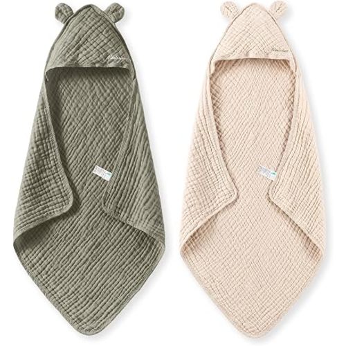 Momcozy Baby Towels, 6-Layer 100% Cotton Muslin Hooded Baby Towel Set for Newborn, Infant & Toddler, Soft Absorbent Baby Bath Essentials, Large 32 x 32 Inch