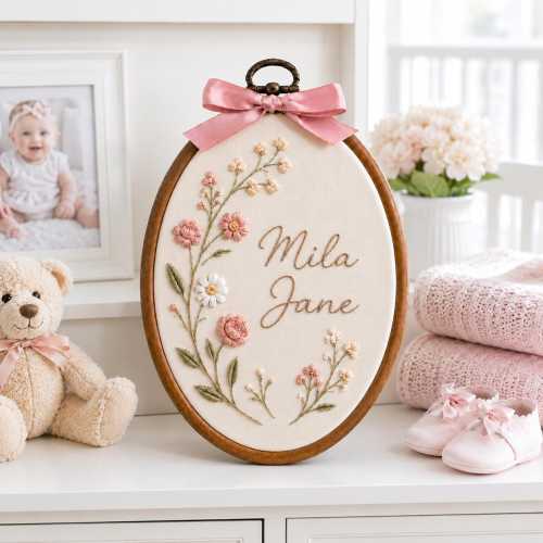Personalized Wildflower Baby Name Embroidery Hoop, Custom Name Floral Nursery Sign, Blush Botanical Wall Decor