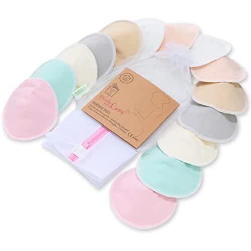 Organic Bamboo Nursing Breast Pads - 14 Washable Pads + Wash Bag - Breastfeeding Nipple Pads for Maternity - Reusable Breast Pads for Breastfeeding (Pastel Touch, Large 4.8")