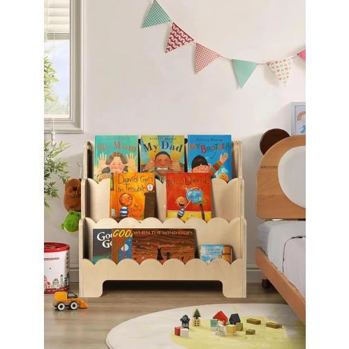 3-Tier Kids Bookshelf Wooden, Scalloped Book Shelf for Kids Rooms Anti-Tip