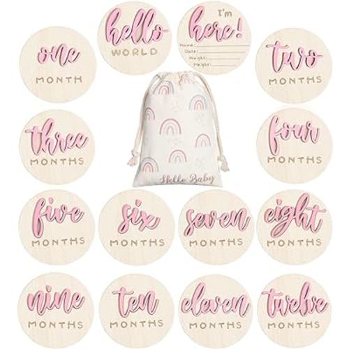 3D Baby Monthly Milestone Card Signs Baby Announcement Sign 7 Pack Double Sided Hello World Newborn Signs Wooden Circles Discs for Welcome Newborn Shower Boy Girl Photo Props(Pink)